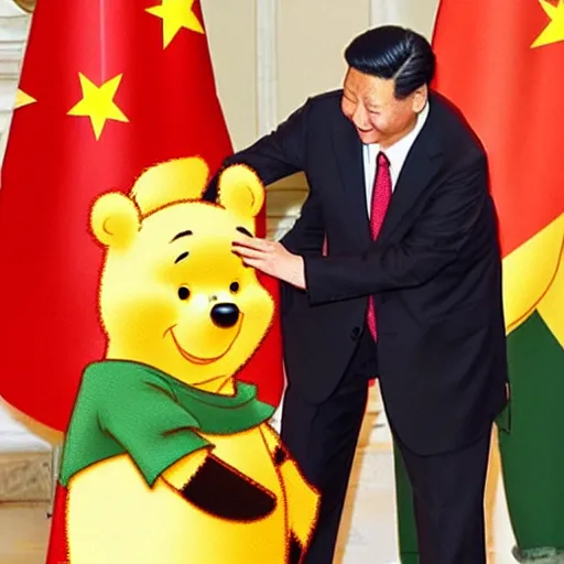 Prompt: winnie the pooh and xi jinping shaking hands in palace