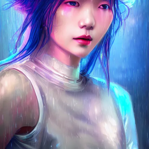 Image similar to a digital painting of jang yoon - ju in the rain with blue hair, cute - fine - face, pretty face, cyberpunk art by sim sa - jeong, cgsociety, synchromism, detailed painting, glowing neon, digital illustration, perfect face, extremely fine details, realistic shaded lighting, dynamic colorful background