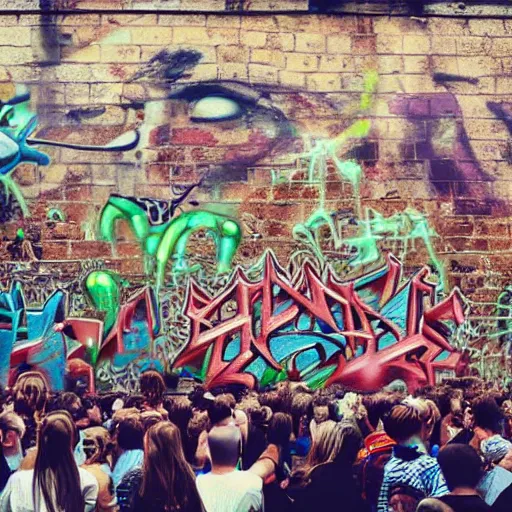 Image similar to amazing graffiti of a crowd on an old wall, hyper detailed, photorealistic, hd