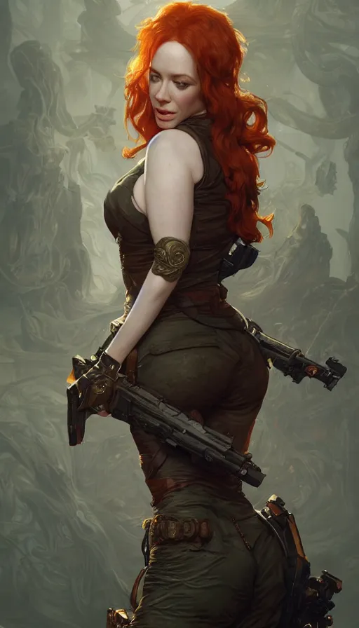 Image similar to Christina Hendricks, perfectly-centered-photograph of Christina Hendricks, sweaty, dynamic action pose, insane, intricate, highly detailed, Zeiss Lens, artstation, smooth, sharp focus, illustration, Unreal Engine 5, 8K, art by artgerm and greg rutkowski and alphonse mucha