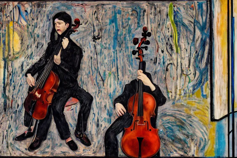 Prompt: portrait of a young cellist focusing with a background of hundreds of cellos by vincent lefevre and hernan bas and pat steir and hilma af klint, psychological, symmetrical face, dripping paint, rendered in octane, altermodern, masterpiece