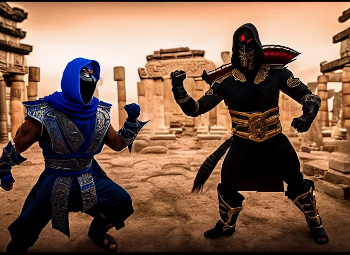 Image similar to trump dressed as scorpion fights biden dressed as sub zero in mortal kombat on the background of an ancient temple with a giant shao kahn laughing. fantasy magic style. highly detailed 8 k. intricate. lifelike. soft light. sony a 7 r iv 5 5 mm. cinematic post - processing