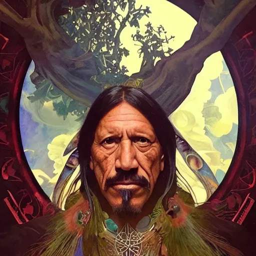Prompt: an acrylic on canvas portrait of Danny Trejo Shaman Lightworker Alchemist Druid, Mystery, Love, wholeness, rooted lineage, web of life, open eye freedom by Greg Rutkowski, Artgerm and Alphonse Mucha. Epic fantasy art.