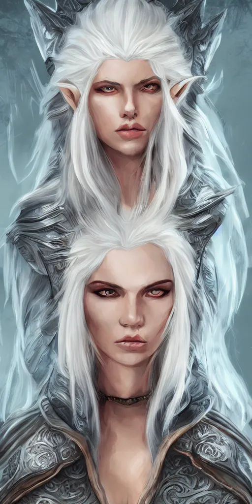 Image similar to white haired elven woman, wearing a wolf pelt, upper half portrait, centered, muscular, dnd, intricate, highly detailed, sharp, digital painting, artstation, cell shading