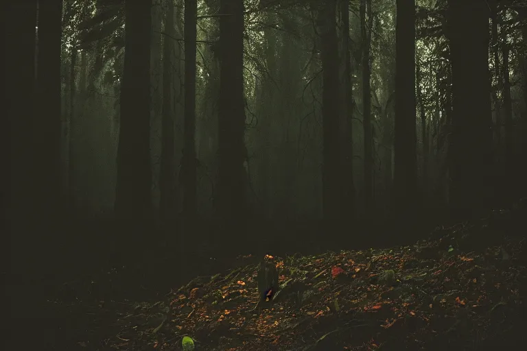 Image similar to terrible dark forest in the depths of which there is a Pudge from Dota 2 filmed hidden on a phone camera, Cinematic, wildlife photography, 35mm, photo on iphone