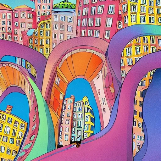 Image similar to fanciful city filled with curvy buildings, by dr seuss, oh the places you'll go, arches, platforms, towers, bridges, stairs, colorful kids book illustration