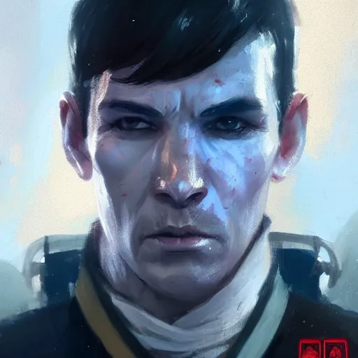 Image similar to portrait of a man by greg rutkowski, blue skin, red eyes, short black hair in military style, tall, star wars expanded, universe, he is about 5 0 years old, wearing white colored imperial admiral uniform, artstation hq