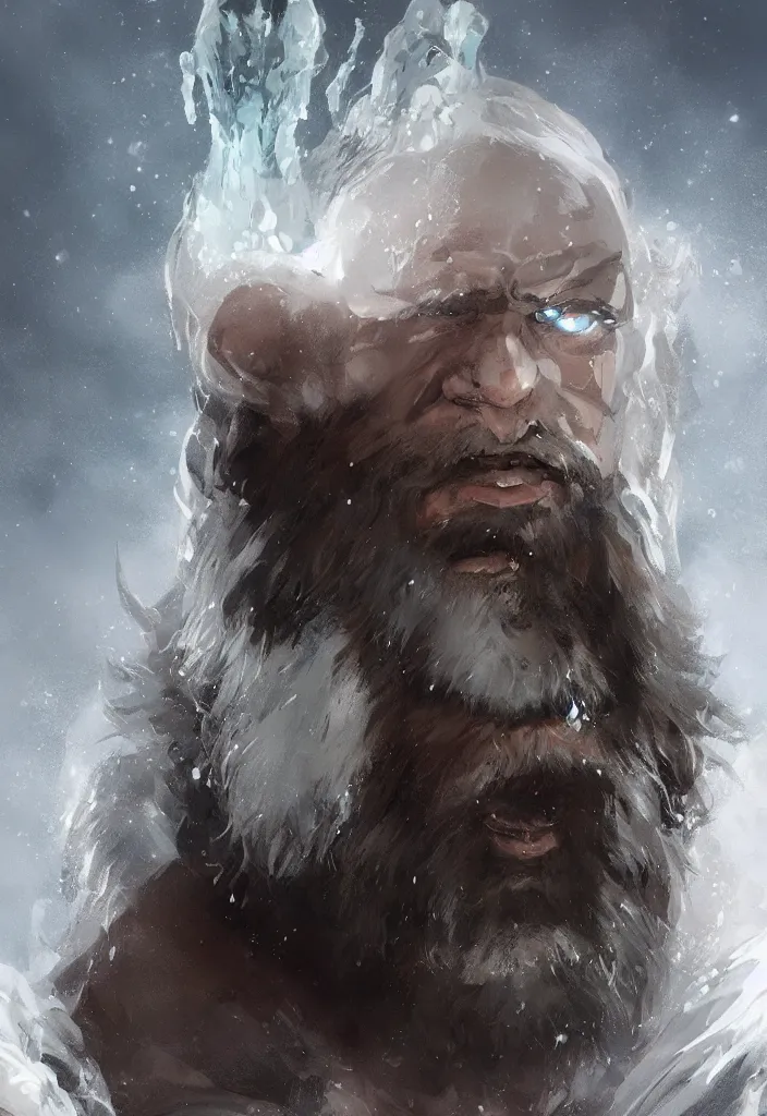 Prompt: portrait of ice giant made of ice, bearded face, concept art in style of Greg Rutkowski, John Singer Sargant, painted by Frazetta, trending on artstation