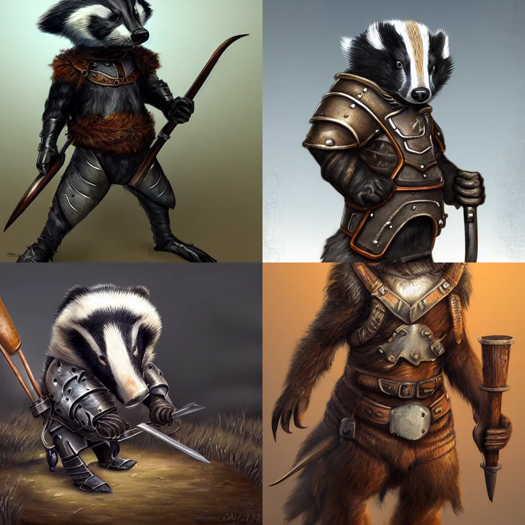 Prompt: a badger wearing blacksmithing outfit, fantasy, metalworking, highly detailed, digital painting, artstation, concept art, matte, sharp focus, illustration