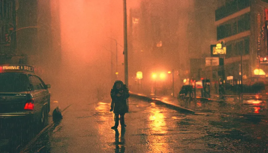 Image similar to street of new york, photography, night, rain, mist, a screaming chucky doll, cinestill 8 0 0 t, in the style of william eggleston