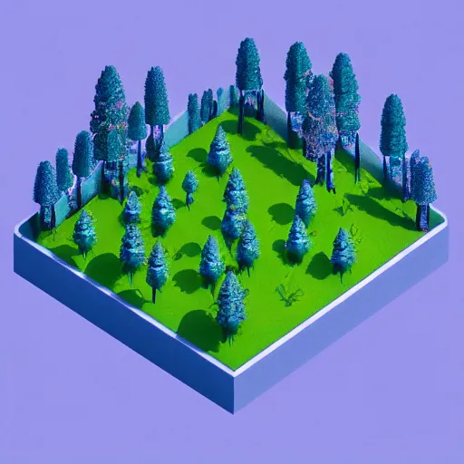 Image similar to isometric minimalistic chubby forest with magical trees, cinema 4 d, 1 0 0 mm, blue color scheme depth of field, octane render, studio lighting