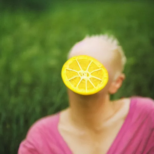 Prompt: completely yellow mellon on a lush green medow. portrait, 3 5 mm