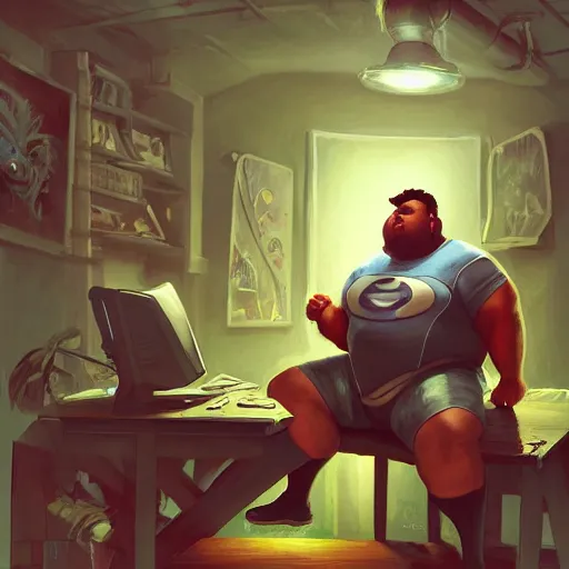 Image similar to a insanely detailed painting of a slightly overweight man wearing a homemade superhero costumed, sitting at a computer desk, nervously and clicking on the mouse, in the style of peter mohrbacher, dramatic lighting and composition, trending on artstation, concept art, comic book