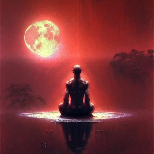 Image similar to the crimson moon shatters far above, a placid cross legged figure floating above pond by craig mullins, ruan jia, liang mark, beksinski, wayne barlowe, peter gric, jama jurabaev