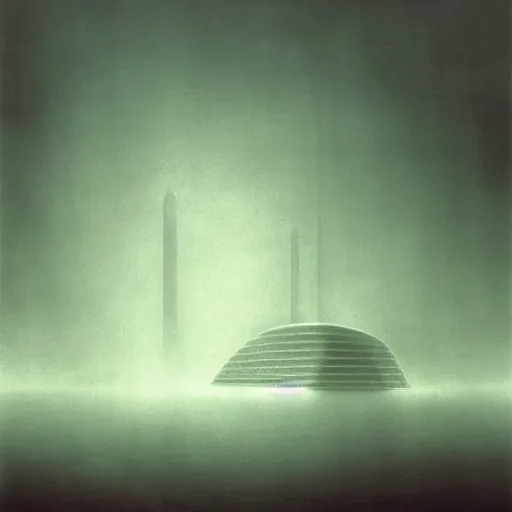 Image similar to arm reaching out of thick fog, round buildings in background, smooth architecture, organic, sophisticated, zdzislaw beksinski, architecture of frank lloyd wright, zaha hadid, norman foster