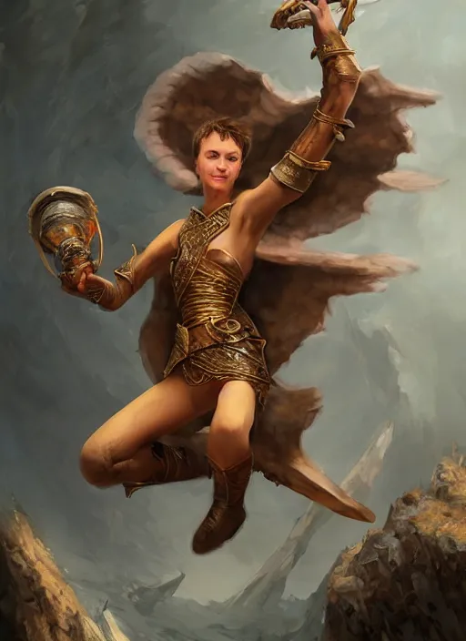 Image similar to queen Russian Sorcerous, short brown hair, pixie cut, mischievous, flying over a pit, flying over a chasm, flying, Ivan Aivakovsky, Boris Vallejo, epic fantasy character art, D&D Concept Art, full length, Realistic, Regal, Refined, Detailed Digital Art, Oil Paining, Exquisite detail, post-processing, masterpiece, Cinematic Lighting, Unreal Engine, 8k, HD, Stanley Artgerm Lau, WLOP, Rossdraws, Frank Frazetta, Andrei Riabovitchev, Marc Simonetti, trending on artstation, artbreeder, flawless