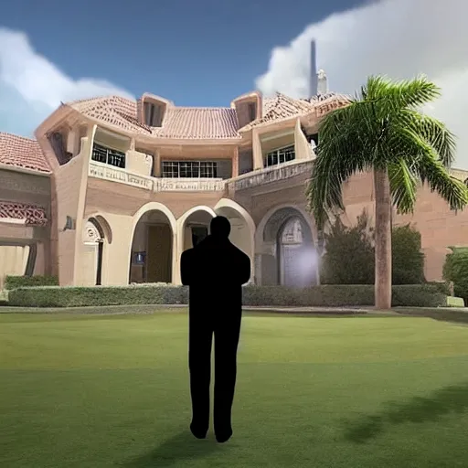 Image similar to nuclear secrets hidden in a fortified golf mansion in florida as a hitman video game mission, next gen screenshot, president trump is looking into the camera