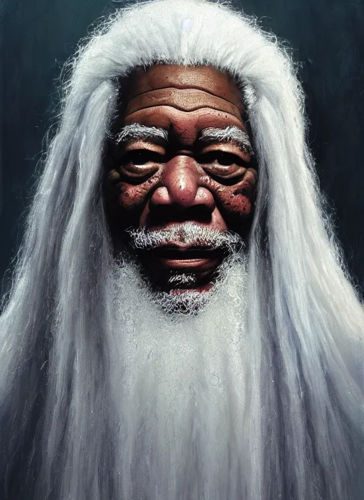 Image similar to medium camera shot of evil morgan freeman as evil wizard saurman the white, long white hair and white beard, beautiful pure white warlock flowing robes, by alan lee, lord of the rings, smooth, oil painting, matte painting, concept art, trending on artstation, promotional artwork, film still, elegant, photorealistic facial features, intricate, detailed face, dramatic lighting