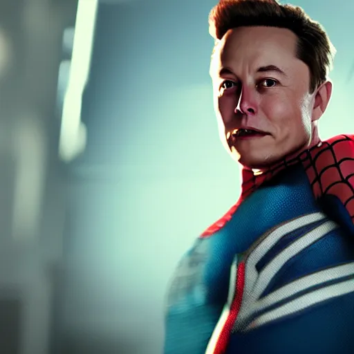 Image similar to elon musk dressed as spider - man, beautiful dynamic lighting, cinematic, extremely high detail, photo realistic, cinematic lighting, post processed, artstation, 8 k