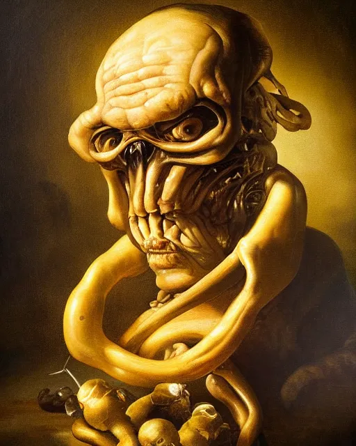 Image similar to refined gorgeous blended oil painting with black background by christian rex van minnen rachel ruysch dali todd schorr of a chiaroscuro portrait of an extremely bizarre disturbing old wrinkled man with shiny alien skin dutch golden age vanitas intense chiaroscuro cast shadows obscuring features dramatic lighting perfect composition masterpiece