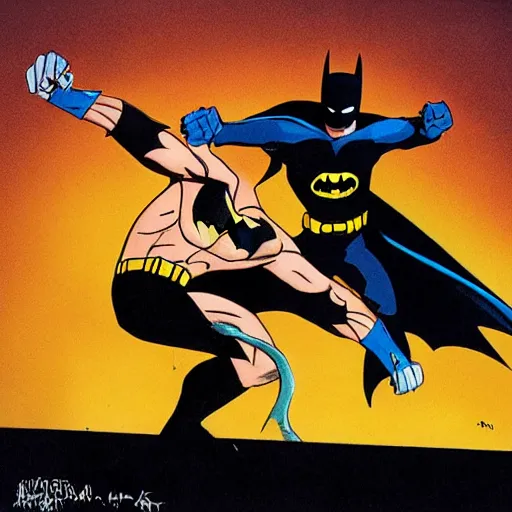 Image similar to batman fighting the wolverine, photograph