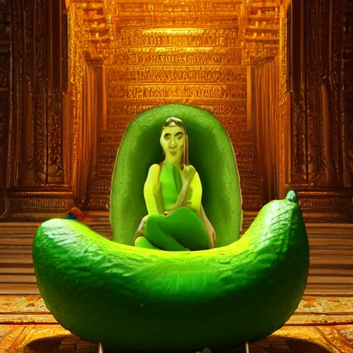 Image similar to a green avocado armchair in the center of golden ancient temple, illuminated by narrow light beam , fantasy illustration, trending on artstation, deviantart, very realistic, 4k