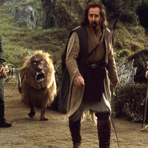 Prompt: nicolas cage in the lord of the rings, hairy feet, walking in the shire