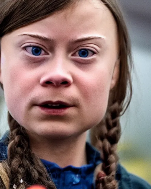 Prompt: film still close - up shot of greta thunberg giving a speech in a train station from the movie brokeback mountain. photographic, photography