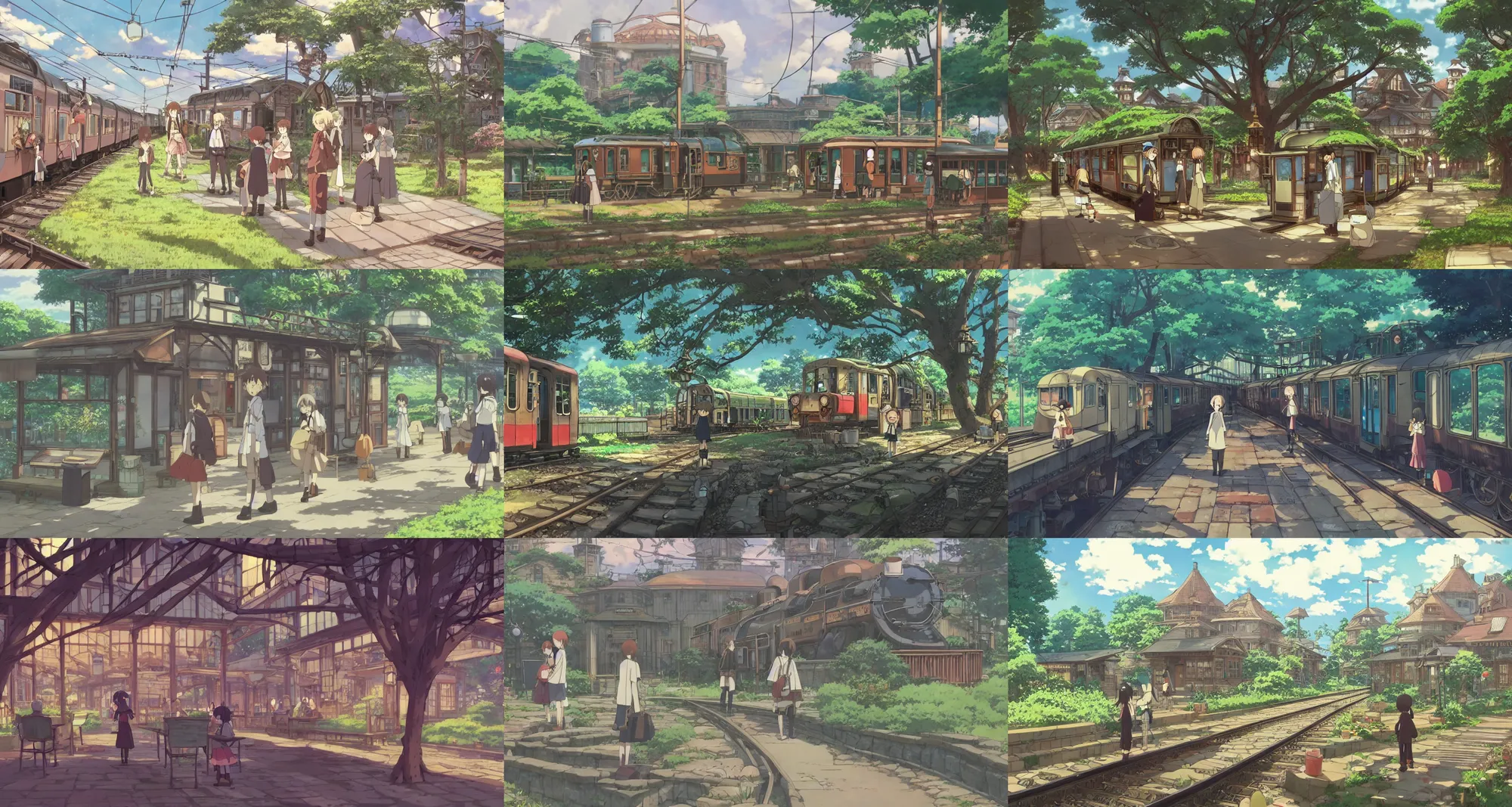 Prompt: beautiful slice of life anime scene of rural steampunk train station, surrounded by nature, relaxing, calm, cozy, peaceful, by mamoru hosoda, hayao miyazaki, makoto shinkai