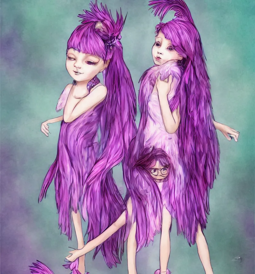 Image similar to little girl with eccentric pink hair wearing a dress made of purple feather, art by dcwj