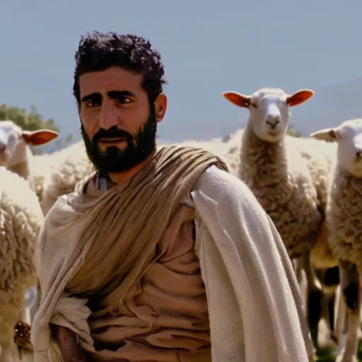 Image similar to cinematic Still of 30 year old Mediterranean skinned man in ancient Canaanite shepherd clothing, shepherding a flock of sheep, in a Biblical epic