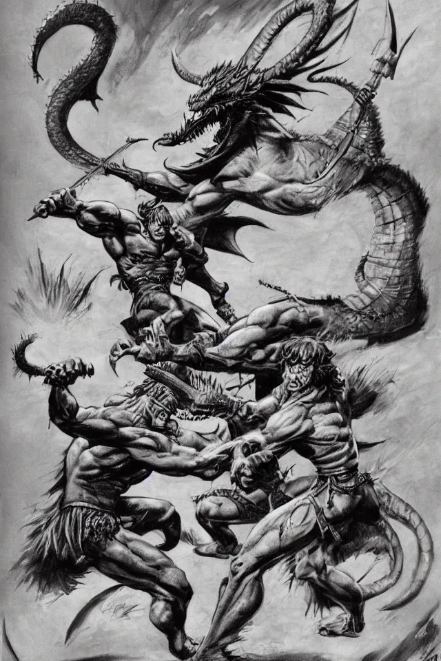 Prompt: illustration of conan fights a dragon in the style of Frank Frazetta