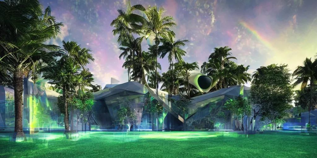 Image similar to futuristic translucent iridescent mosque exterior, hive power architecture, lush lawn, palm trees, by Buckminster Fuller and photo by denis villeneuve , inspired by Mining by Risa lin on art station