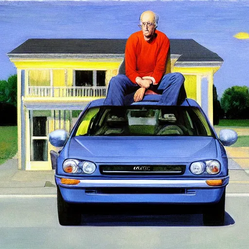 Prompt: larry david sitting on roof of 2009 prius, edward hopper painting
