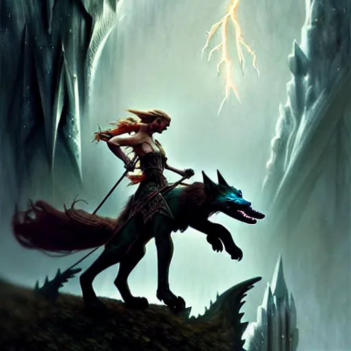 Image similar to A epic fantasy picture, of an elf riding on a dire wolf , castle setting, horror movie lightning, intricate, elegant, highly detailed, digital painting, artstation, concept art, matte, sharp focus, illustration, art by Artgerm and Greg Rutkowski and Alphonse Mucha- H 1024