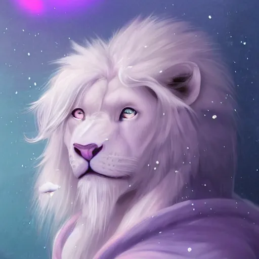 Image similar to aesthetic portrait commission of a albino male furry anthro lion under a lavender bubble filled while wearing a cute mint colored cozy soft pastel winter outfit with pearls on it, winter Atmosphere. Character design by charlie bowater, ross tran, artgerm, and makoto shinkai, detailed, inked, western comic book art, 2021 award winning painting