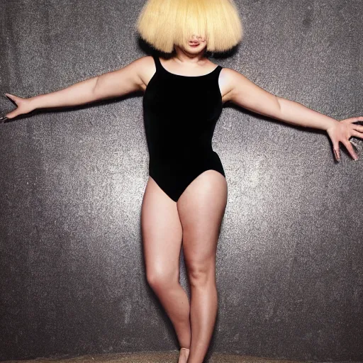 Image similar to sia furler wearing a skin colored leotard full body artistic photoshoot