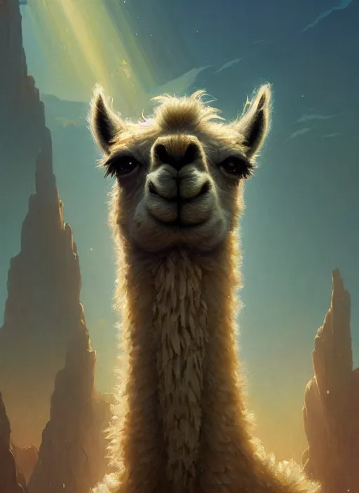 Image similar to Highly detailed portrait of Llama, Stephen Bliss, unreal engine, fantasy art by Greg Rutkowski, Loish, Rhads, ferdinand knab, Makoto Shinkai and Lois van baarle, ilya kuvshinov, rossdraws, Tom Bagshaw, alphonse mucha, global illumination, radiant light, detailed and intricate environment