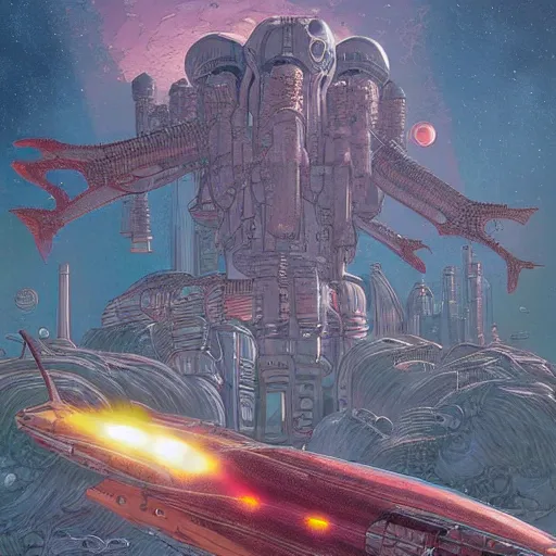 Prompt: rocket factory on ruined planet, alien mutant megafauna, moebius, mike mignogna, heavy metal magazine, highly detailed, rich colors, artgerm, trending on artstation