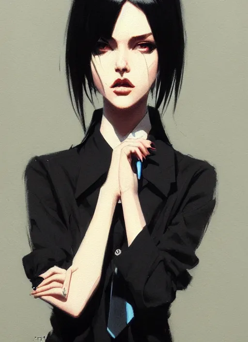 Image similar to ultradetailed beautiful panting of a stylish woman wearing a shirt with a tie, she has black hair, distressed, by ashley wood, ilya kuvshinov, greg rutkowski on artstation