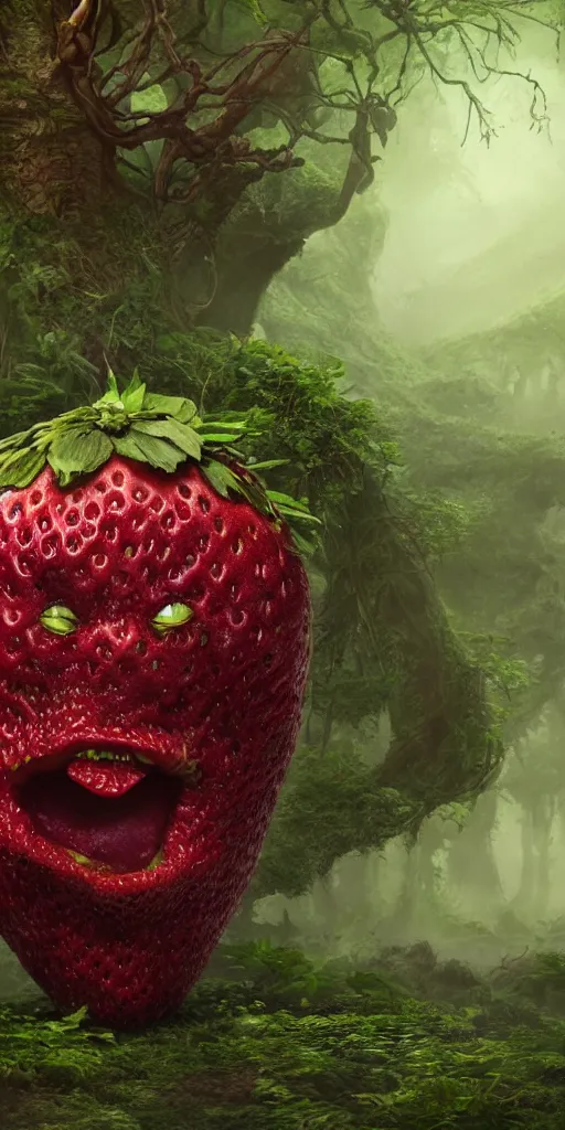 Prompt: an angry smiling strawberry with purple eyes, surrounded by a green forrest, moody, lovecraft, giger, ridley scott, zack snyder, Fenghua Zhong, realistic cinematic lighting, establishing action shot, ultra detailed, hyper realism, photo, octane render