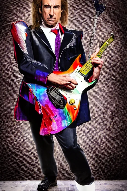 Image similar to saul goodman in a rock band, glam rock makeup, shredding playing guitar, hd image, on stage