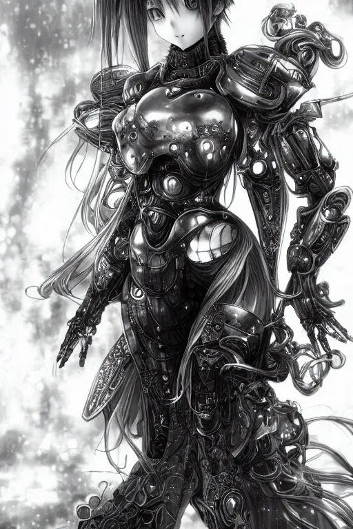 Image similar to a vertical portrait of a character in a scenic environment by Yoshitaka Amano, black and white, dreamy, cybernetic armor, wavy long black hair, highly detailed