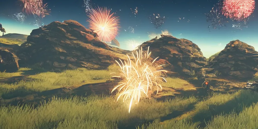 Image similar to shooting fireworks, no mans sky concept art, flying snakes