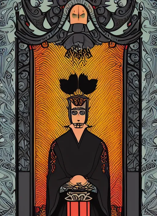 Prompt: digital art illustration of a character wearing a black robe, tarot card art, 4 k, symmetrical portrait