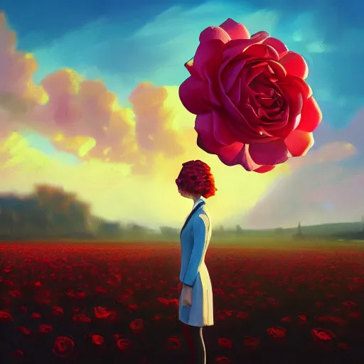 Image similar to closeup, giant rose flower as a head, frontal, girl in a suit, surreal photography, sunrise, blue sky, dramatic light, impressionist painting, digital painting, artstation, simon stalenhag