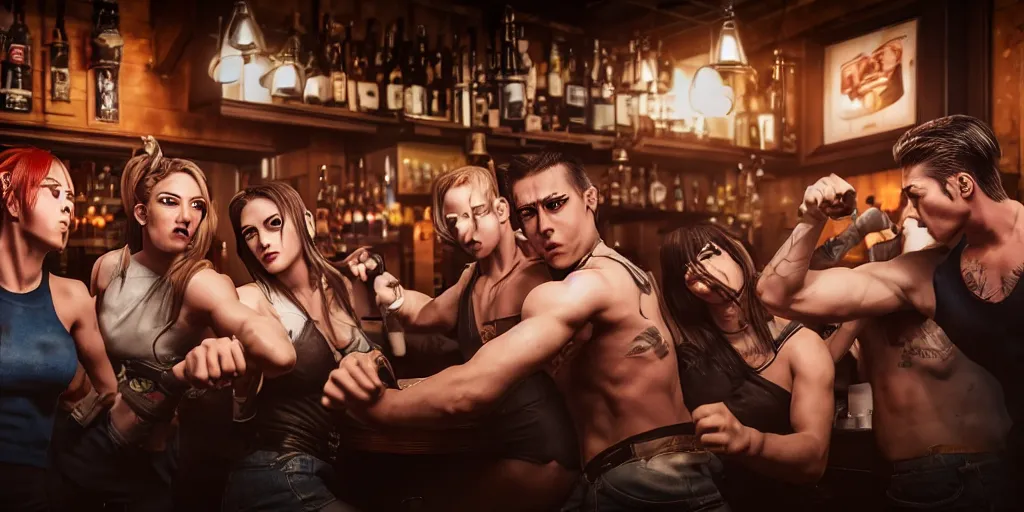 Prompt: a photo of a bar fight inside a pub between cosplayers, Leica, symmetrical faces, muscles, detailed faces, accurate faces, 4k, 3D render, hyperrealism, editorial, photorealistic, crisp details, sharp focus, wide angle lens, octane render, cinematic lighting