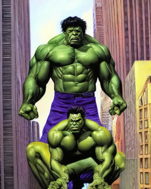 Prompt: a moody oil painting of the incredible hulk looking angry at noon in a city by joe jusko.