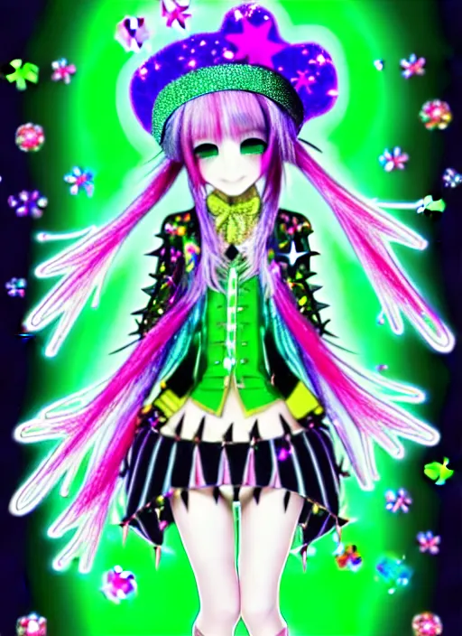 Image similar to a hologram of decora styled green haired yotsuba koiwai wearing a jester hat and gothic spiked jacket, background full of lucky clovers and shinning stars, holography, irridescent, baroque visual kei decora art