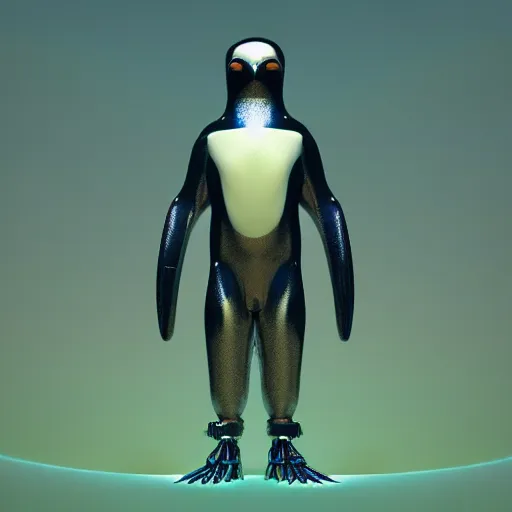 Image similar to Colour aesthetic Caravaggio style full body Photography of Highly detailed beautiful cybertronic penguin wearing highly detailed retrofuturistic sci-fi Neural interface designed by Hiromasa Ogura . In style of Josan Gonzalez and Mike Winkelmann and andgreg rutkowski and alphonse muchaand and Caspar David Friedrich and Stephen Hickman and James Gurney and Hiromasa Ogura. Rendered in Blender and Octane Render volumetric natural light